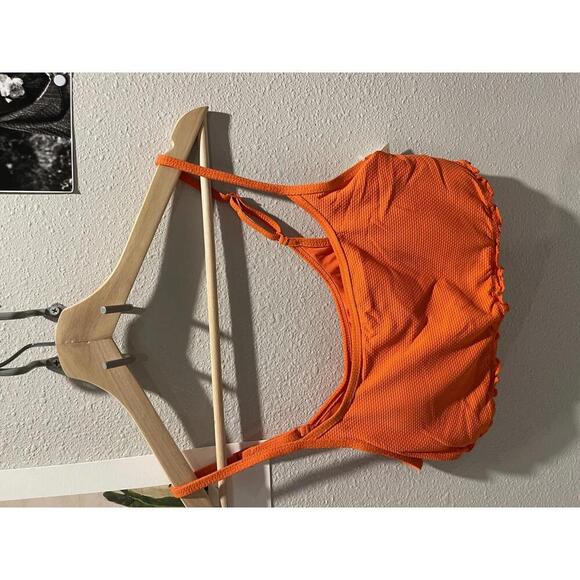 NEW Aerie Orange Textured Longline Scoop Ruffle Swimsuit Bikini Top - M - Picture 1 of 4